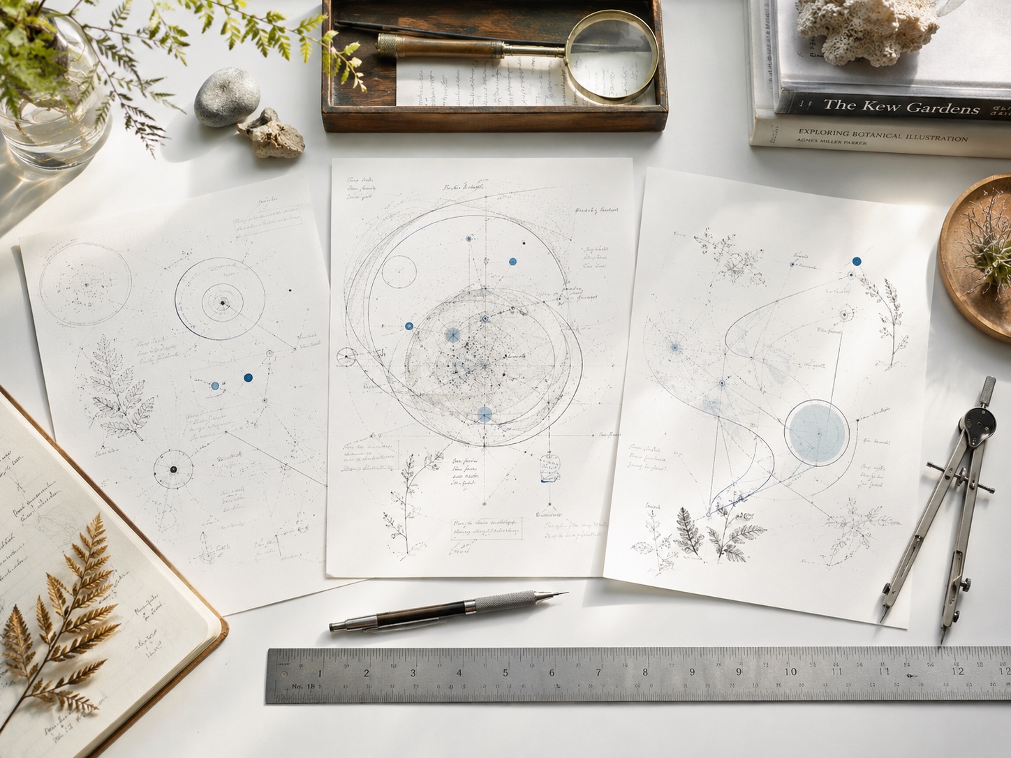 Art × Science botanikus diagramrajzok körzővel és vonalzóval – MannaBotanica műtermi kutatás