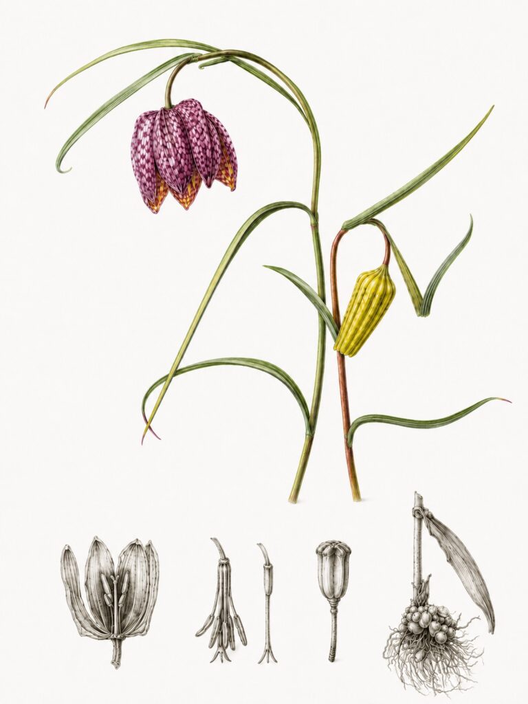 Kockás liliom (Fritillaria meleagris) botanikus akvarell – Nagy Lantos Marianna